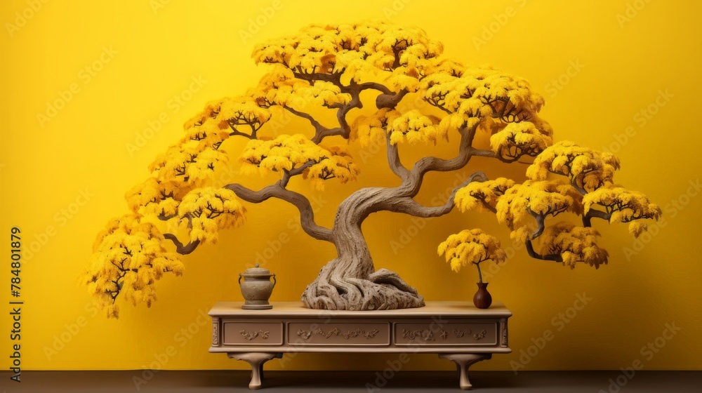 Ginkgo biloba relict tree, miniature style. Yellow leaves, yellow background. Bonsai. Chinese and Asian culture. Background, banner, poster, advertisement Ginkgo biloba relict tree, miniature style. Yellow leaves, yellow background. Bonsai. Chinese and Asian culture. Background, banner, poster, advertisement
