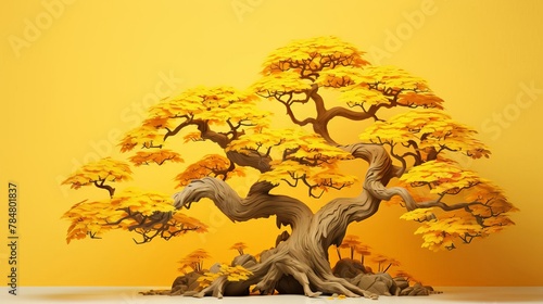 Ginkgo biloba relict tree, miniature style. Yellow leaves, yellow background. Bonsai. Chinese and Asian culture. Background, banner, poster, advertisement