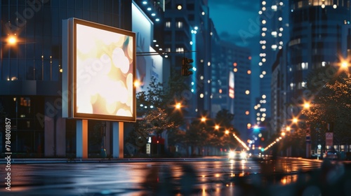 Cityscape with Empty Billboard for Advertising  Wet Street Reflections and Neon Urban Lights  Copy Space
