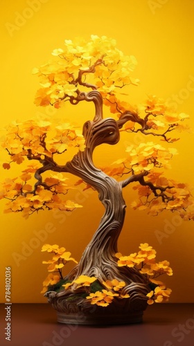 Ginkgo biloba relict tree, miniature style. Yellow leaves, yellow background. Bonsai. Chinese and Asian culture. Background, banner, poster, advertisement photo