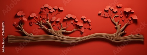 Ginkgo biloba relic tree in miniature style. Red leaves, red background. Bonsai. Chinese and Asian culture. Medicinal plants. Background, banner, poster, advertisement