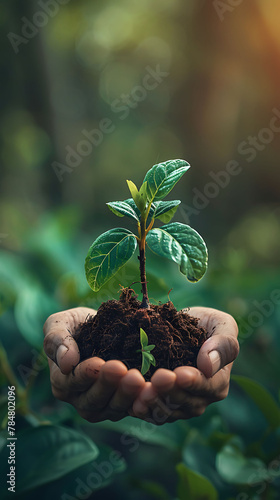 Human hands holding sprout young plantenvironment Earth Day In the hands of trees growing seedlings, world earth day
