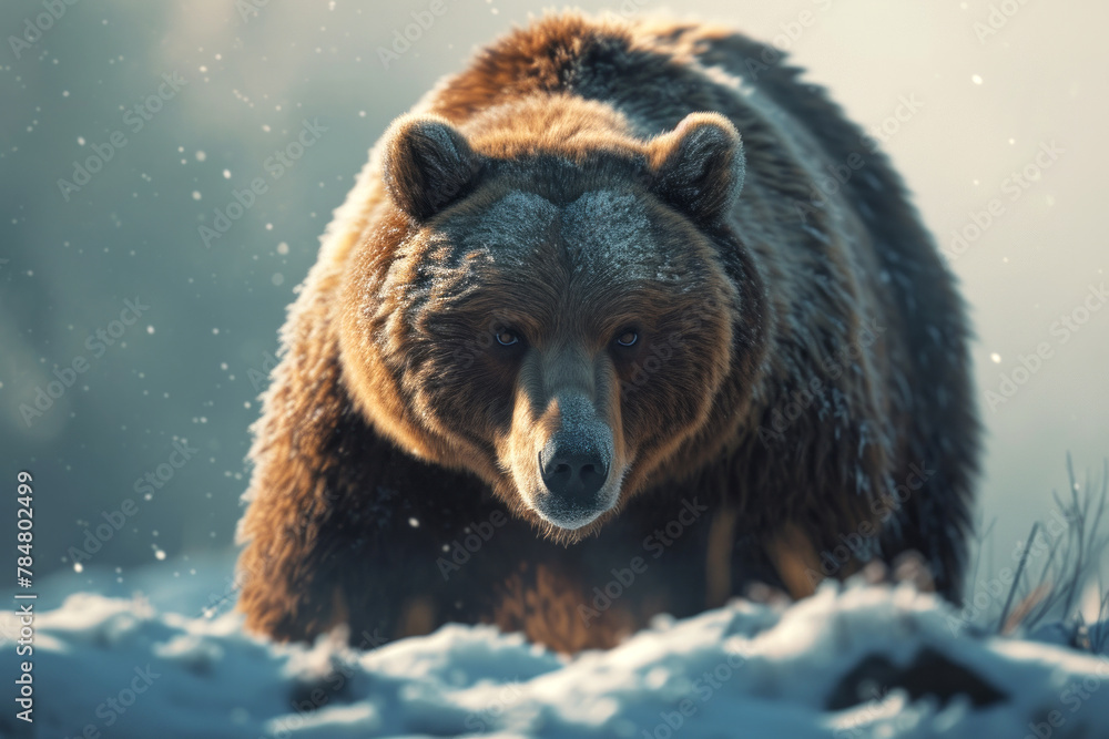 Obraz premium Brown bear walking in a snowy field, beautiful lighting with space for text or inscriptions, looking at the camera 