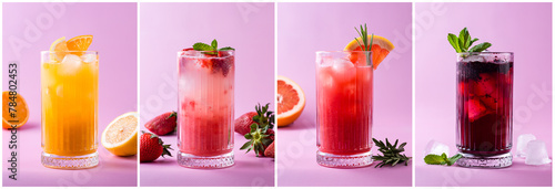 set of summer cold cocktails with orange, strawberry, grapefruit and berries on a pink background, natural lemonades with fruits and soda