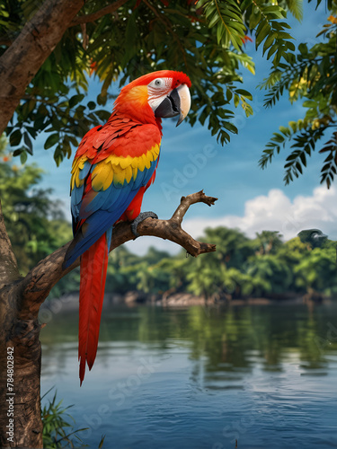 A large multi-colored Makau parrot, sitting on a tree branch by the lake