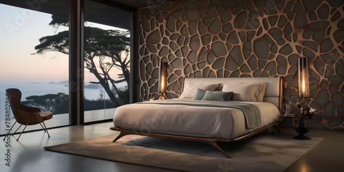  A stylish bedroom with black clour a unique bed frame and artistic wall decor  creating a personalized retreat.
