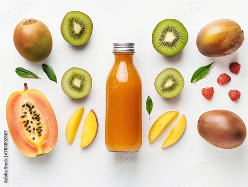 Boisson ou jus aux fruits exotiques : mangue, nectarine, kiwi, papaye et framboise sur fond blanc, bouteille en plastique