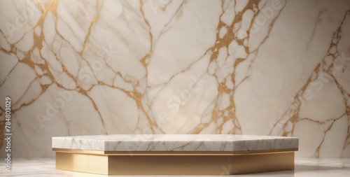 Simple marble podium. A close-up photo of a marble podium resting on a slightly larger marble table. The podium has a gold leaf on its front face.