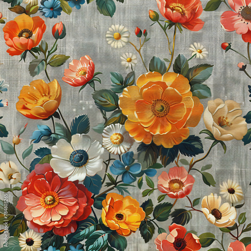 Vintage Floral digital print on linen fabric