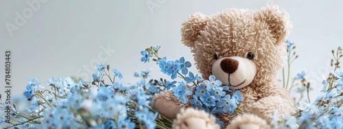 Brown teddy bear and forget-me-nots. Mother's Day. Poster, banner, background, card, wallpaper photo