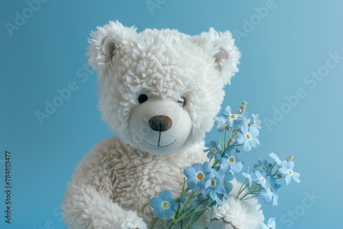 Brown teddy bear and forget-me-nots. Mother's Day. Poster, banner, background, card, wallpaper. Close-up.