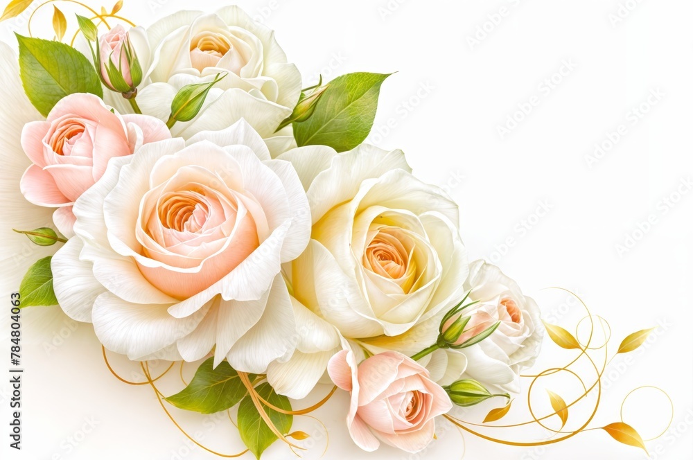 Bouquet of roses with a soft, pastel color palette. Floral arrangement, celebration, love, beauty. Wedding, anniversary, romantic gift, decoration.