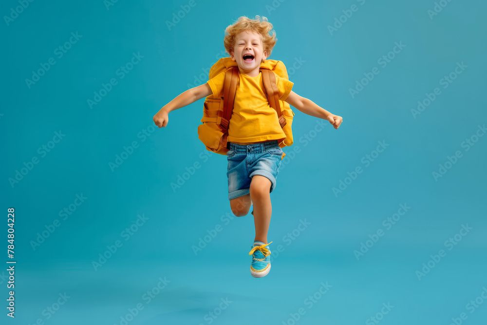 Obraz premium Cheerful smiling little boy with big school backpack isolated on blue empty background with space for text or inscriptions, back to school theme 