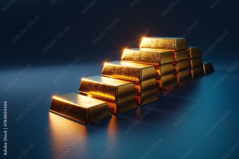A depiction of a sequence of gold bars growing in size under a spotlight, on a clean dark blue background with space for text A depiction of a sequence of gold bars growing in size under a spotlight, on a clean dark blue background with space for text