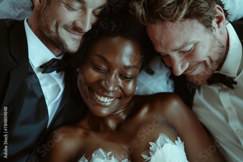 The concept of a threesome. A woman and two men in love. An African woman in a wedding dress and two men in suits in the same bed. Polygamy or bigamy. photo