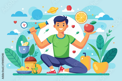 Healthy food and exercise vector illustration