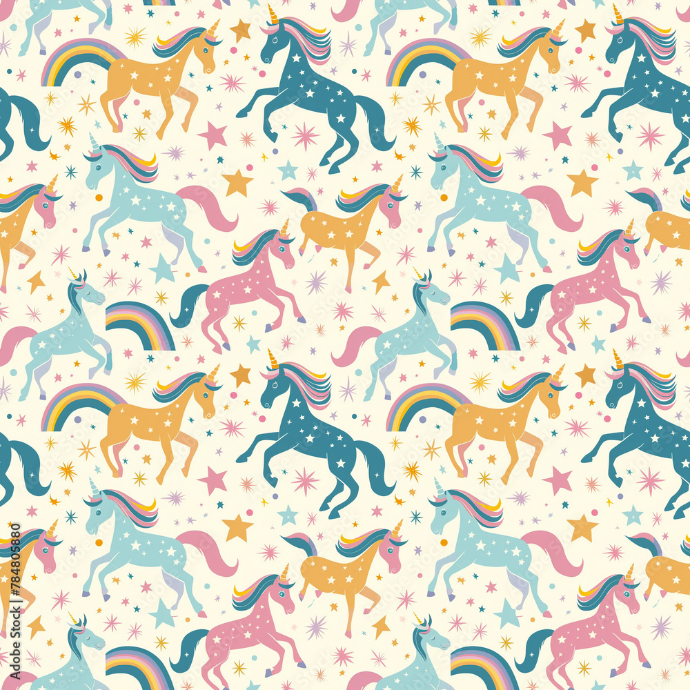 Add a touch of magic to your design with a unicorn and rainbow pattern featuring pastel colors and sparkling stars
