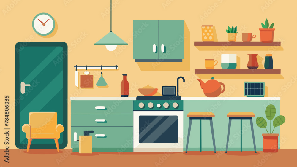 interior of a cozy kitchen with furniture and apple vector illustration interior of a cozy kitchen with furniture and apple vector illustration