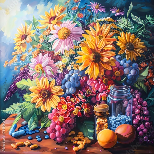 Capture the essence of vitality and rejuvenation through an oil painting of a radiant, bursting with color, floral arrangement intertwined with vibrant health supplements Utilize vivid hues and intric