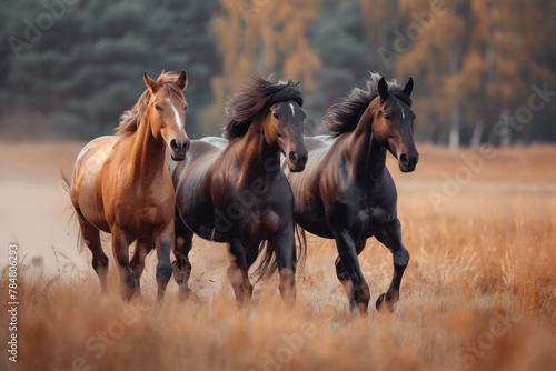 Three horses running or jumping in the field in the wild  horses in a paddock in long grass 