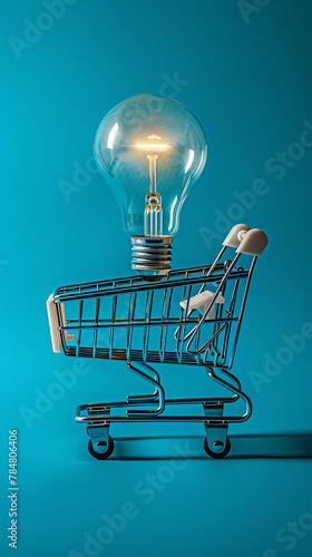 Led lamp in shopping car on isolated blue background, Flat lay, Concept ecology, save planet earth, idea, save energy, economy, saving, Earth day, Smart shopping, sale, buy, world earth day