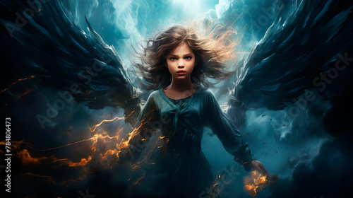 A female dark angel witch sorceress enchantress with wings performs magic. A little fairy princess controls the natural elements storm and fire. Fantasy concept.