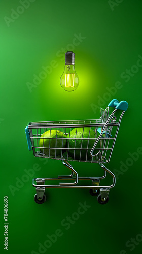 Led lamp in shopping car on isolated green background, Flat lay, Concept ecology, save planet earth, idea, save energy, economy, saving, Earth day, Smart shopping, sale, buy, world earth day