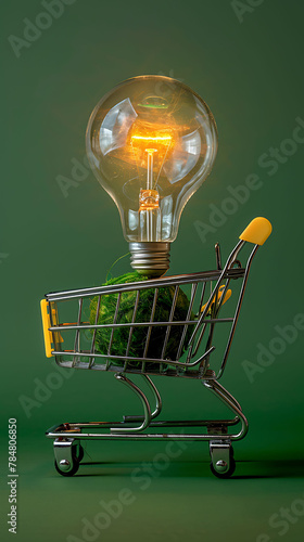 Led lamp in shopping car on isolated green background, Flat lay, Concept ecology, save planet earth, idea, save energy, economy, saving, Earth day, Smart shopping, sale, buy, world earth day