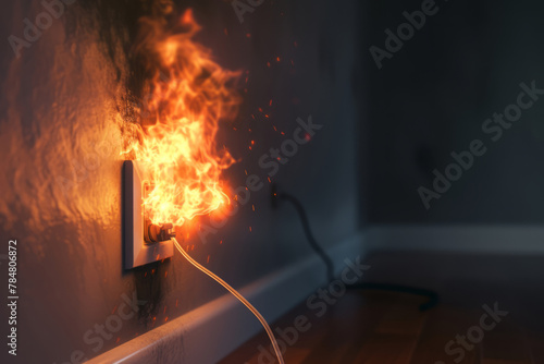 Burning plug stuck into the socket in the wall close up, short circuit caused fire in the house with space for text or inscriptions. Short circuit in the socket