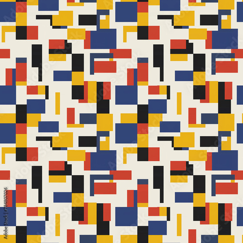 Experiment with abstract geometric shapes in bold primary colors arranged in a seamless pattern ,