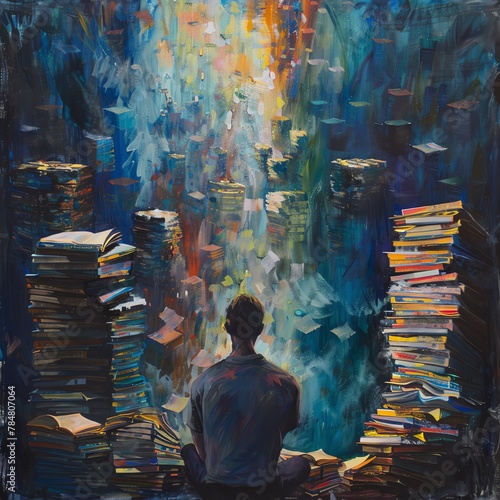 Express the feelings of procrastination and envy in a traditional acrylic painting showcasing a person surrounded by stacks of untouched tasks while gazing longingly at a distant figure reveling in su photo