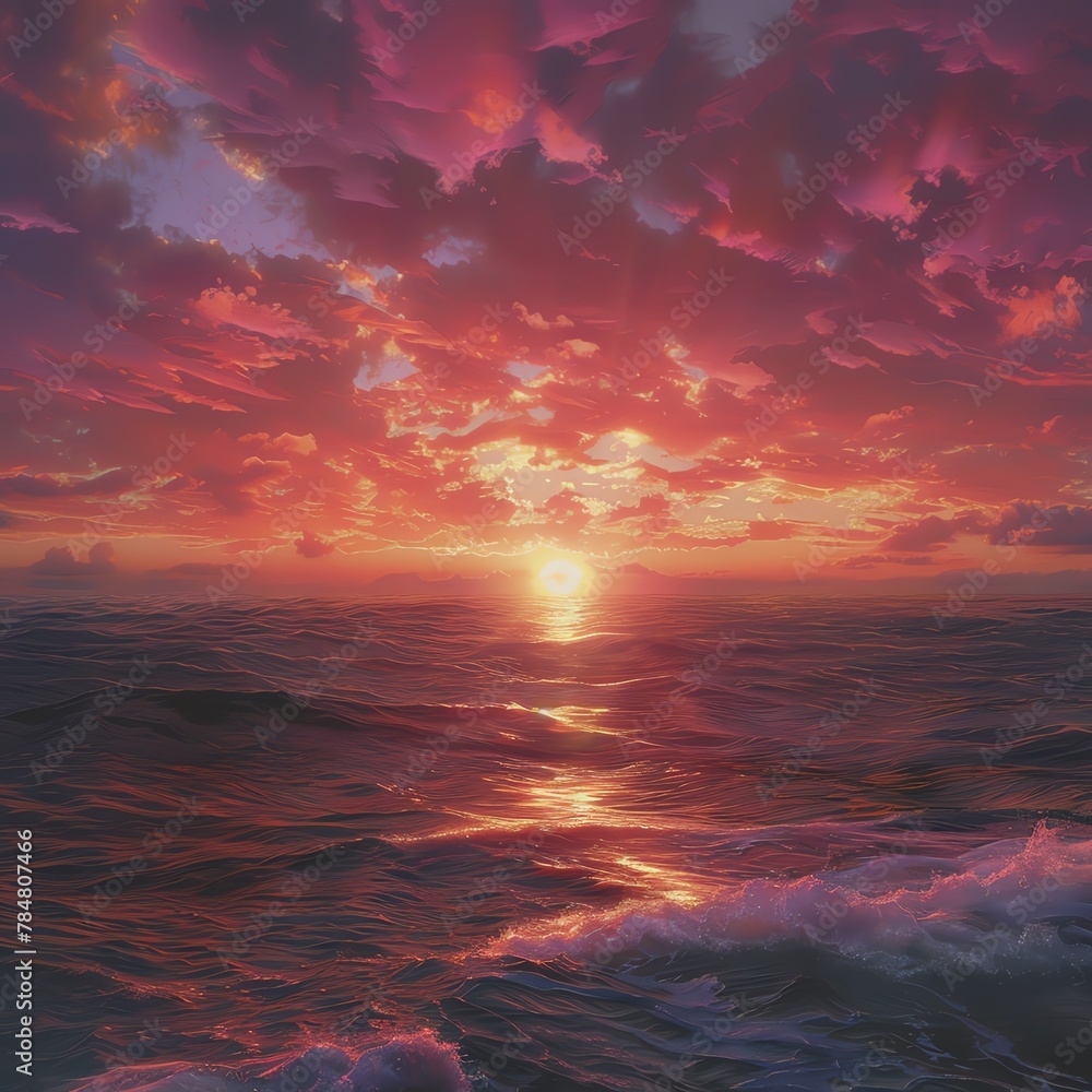 Fototapeta premium Incorporate the theme of hope into a digital photorealistic rendering of a stunning sunrise over a serene ocean, with vibrant hues blending seamlessly