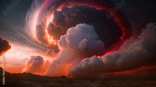A gigantic storm brewing on a gas giant, with swirling red and orange clouds visible from space. photo