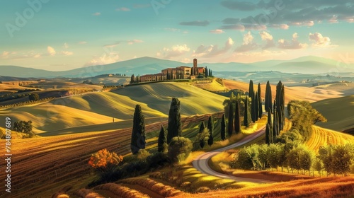 Tuscany landscape panorama. Wallpaper mural, hand drawing painting. Tuscan nature landscape. Italy home decoration 