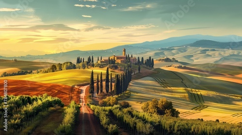 Tuscany landscape panorama. Wallpaper mural  hand drawing painting. Tuscan nature landscape. Italy home decoration 