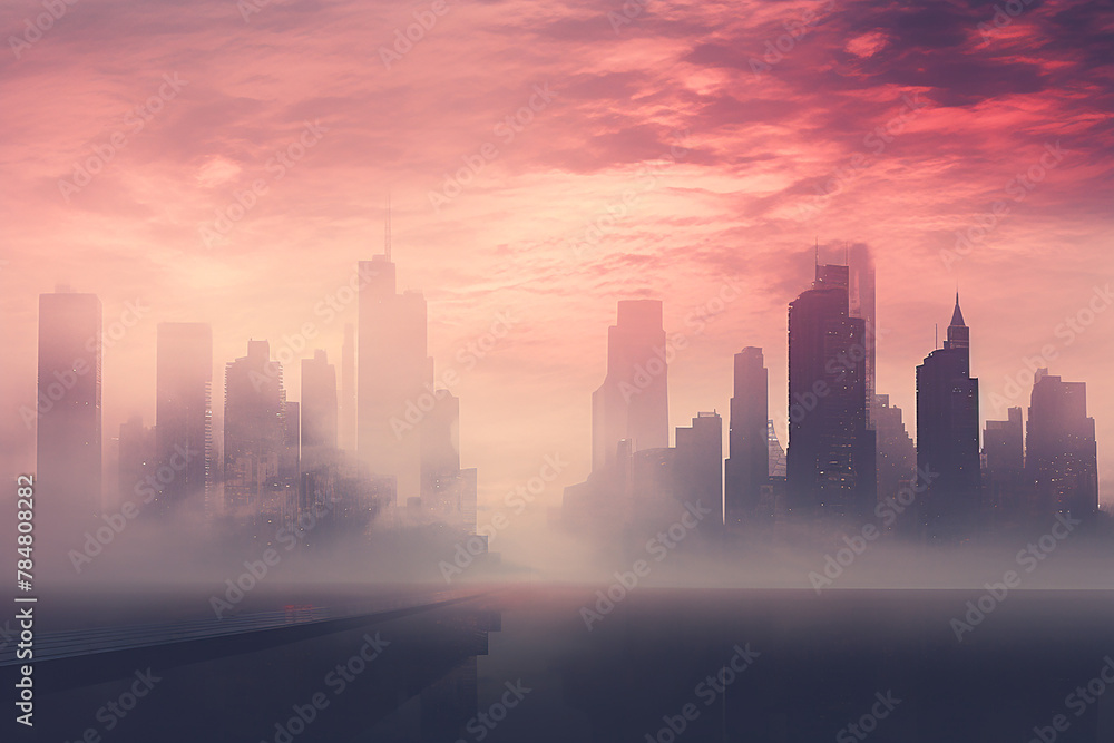 Modern city surrounded by fog and mist, pink or purple sunset, purple glow