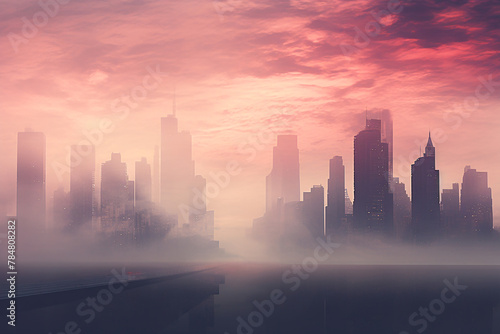 Modern city surrounded by fog and mist  pink or purple sunset  purple glow