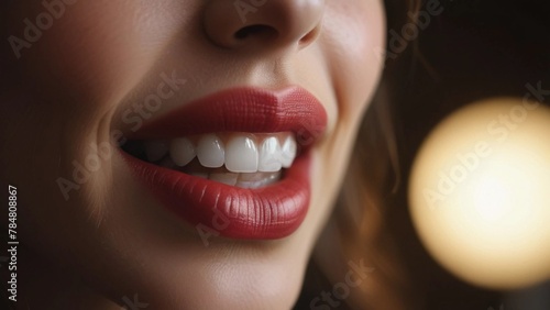 Close-up of female lips, for advertising dentistry and hygiene products. The glossy finish enhances the beauty of her delicate features. Space for copy, text and advertising