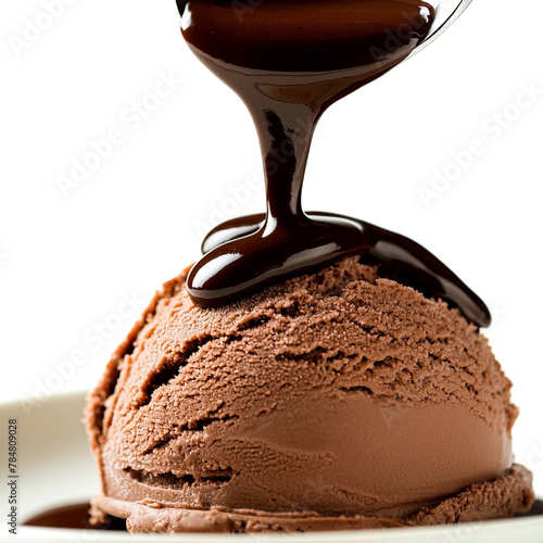 チョコレートアイスクリームにチョコレートソースをかける瞬間　白背景