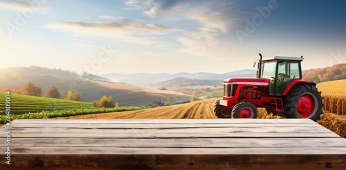 Empty wooden table top with farm landscape whit tractor during the autumn, sunset light background.  photo