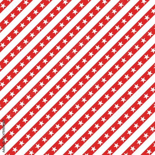 Vector background with white and red stripes and stars on stripes. Square illustration with copy space, banner for text, postcards, gift paper, red stripes on white background