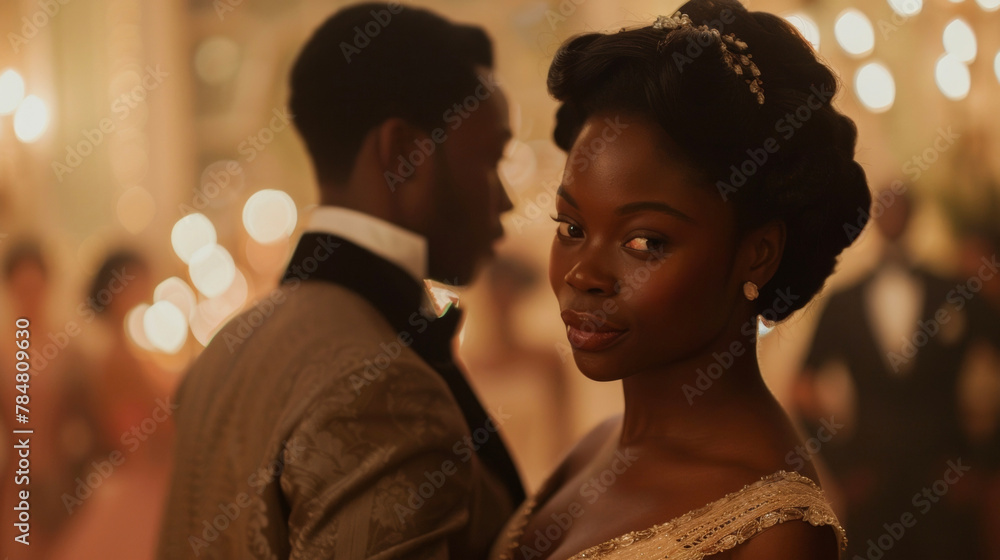 With a look of pure adoration on her face a black woman in a flowing evening gown is guided gracefully across the dance floor by her partner. The timeless elegance of their attire . With a look of pure adoration on her face a black woman in a flowing evening gown is guided gracefully across the dance floor by her partner. The timeless elegance of their attire .