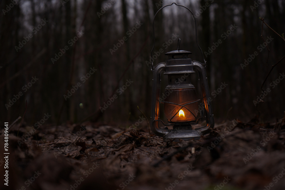 Fototapeta premium Old kerosene lamp shines in the brown autumn leaves