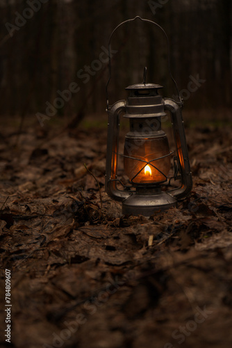 Old kerosene lamp shines in the brown autumn leaves