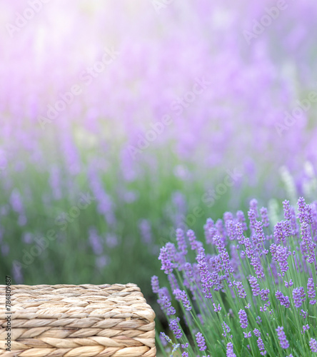 Perspective background with wooden table for your design. Lavender field region Provence