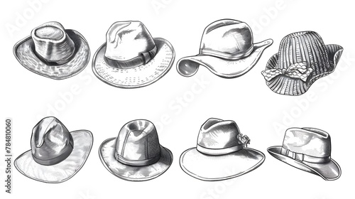 Hats collection, vector sketch illustration. Different types of hats, cap, panama, french beret, knitted winter hat, floppy beach hat, newsboy cap isolated on white background. photo