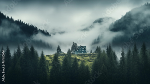 clouds over the mountains, a cottage on a foggy slope,  swiss atmospheric portraits