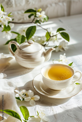 Tea Cup, Teapot, and Saucer Trio on Table