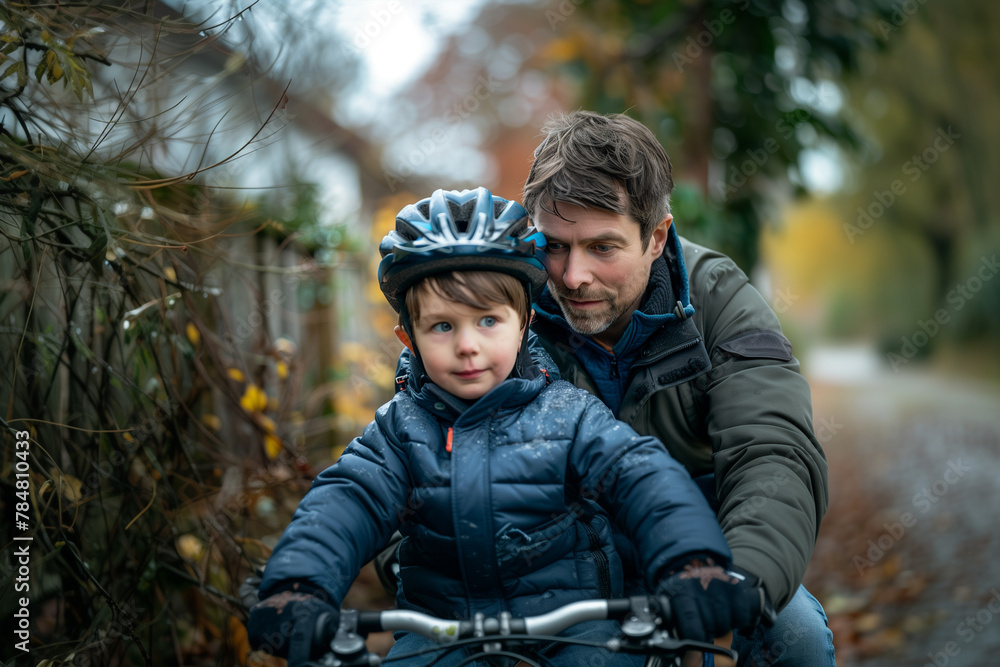 Man Riding Bike Next to Little Boy Man Riding Bike Next to Little Boy