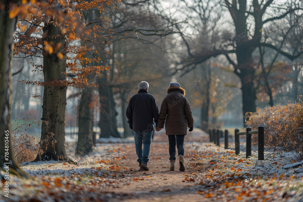 Elderly Couple Walking Down Sidewalk in Fall